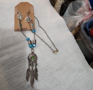Boho Silver Dreamcatcher Necklace with Blue and Green Accents